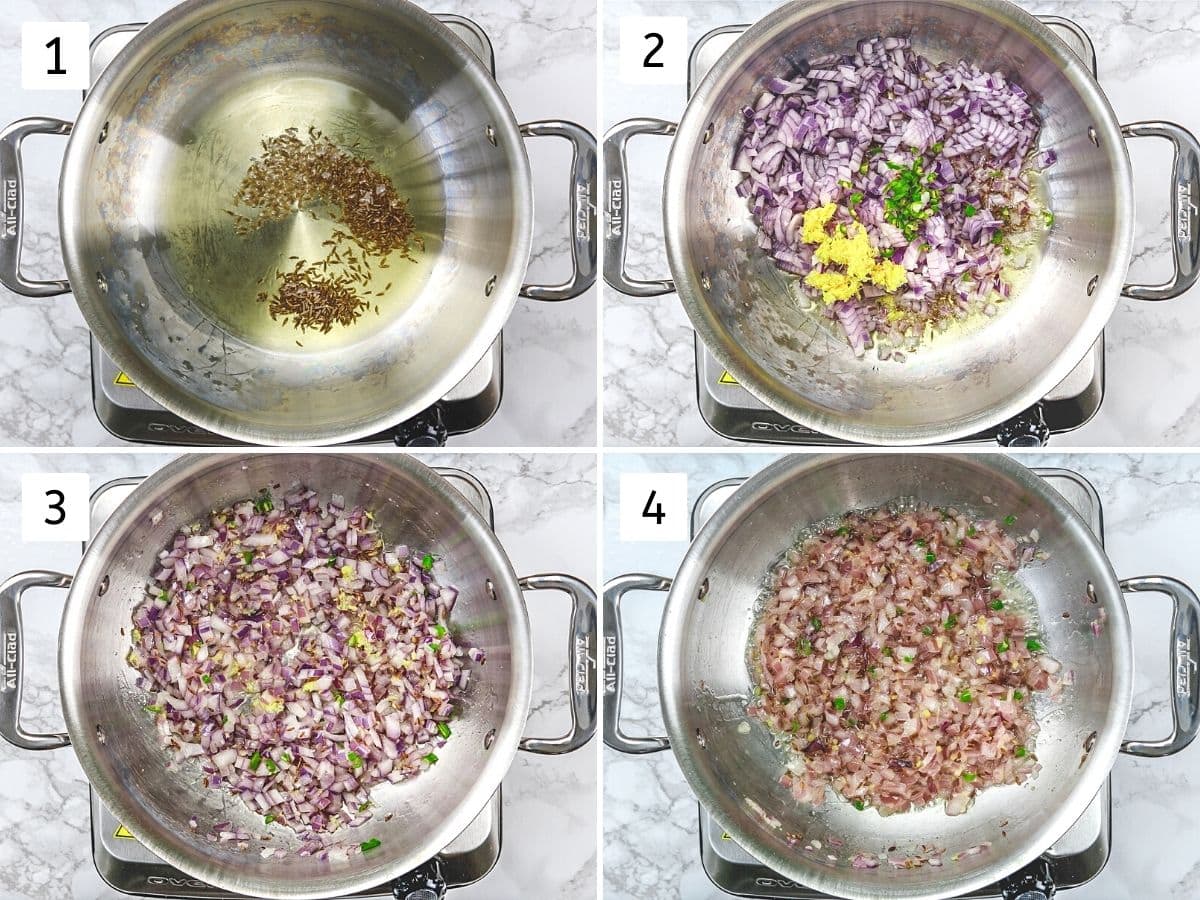 Collage of 4 images showing tempeing cumin and cooking onion, ginger, garlic, chili.