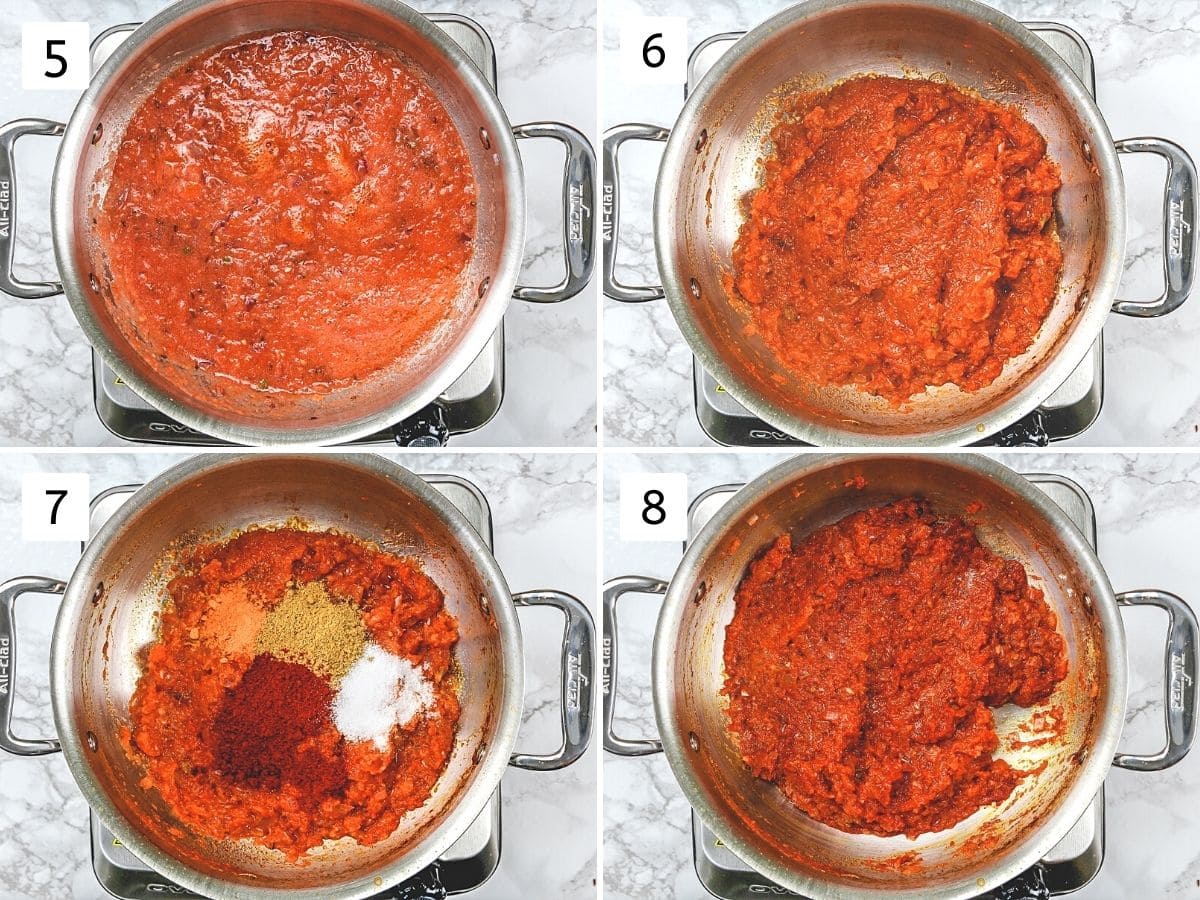 Collage of 4 images showing cooking tomato puree, mixing spice powders.