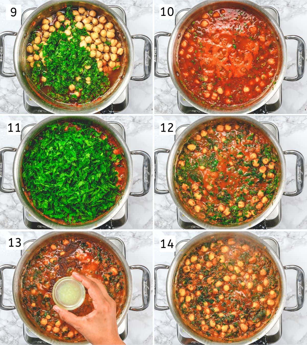 Collage of 6 images showing adding spinach, greens and simmering gravy.
