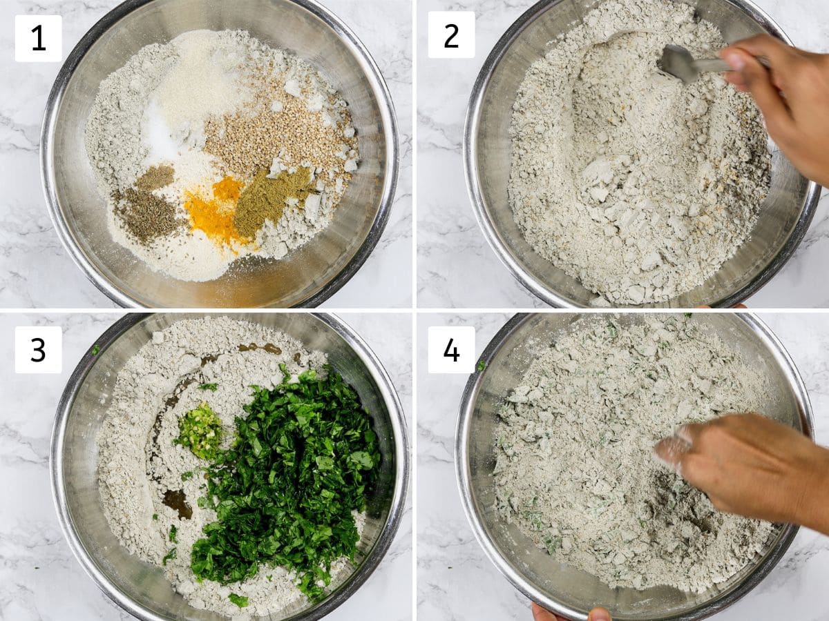 Collage of 4 images showing mixing dry ingredients in a bowl, mixing methi and oil.