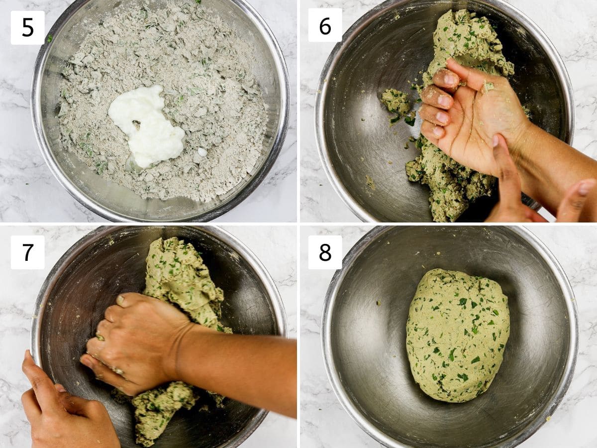 Collage of 4 images showing adding yogurt and kneading the dough.