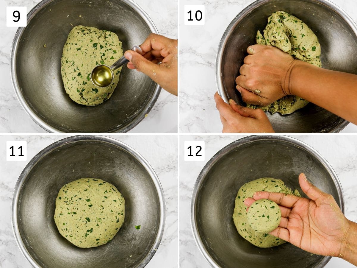 Collage of 4 images showing adding oil and kneading the dough, making a small disc.