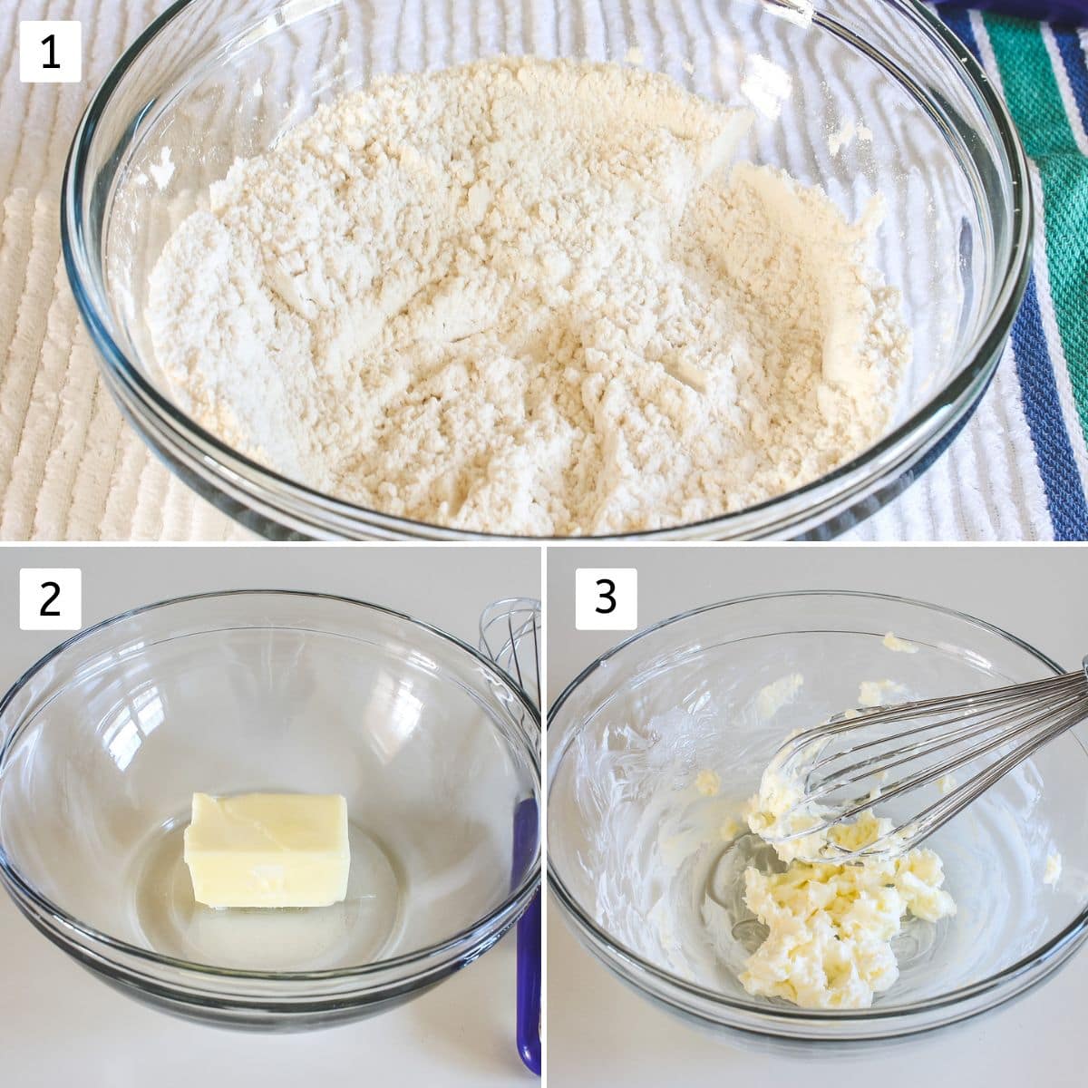 Collage of 3 images showing dry flour in a bowl, butter in a bowl and whisking butter.