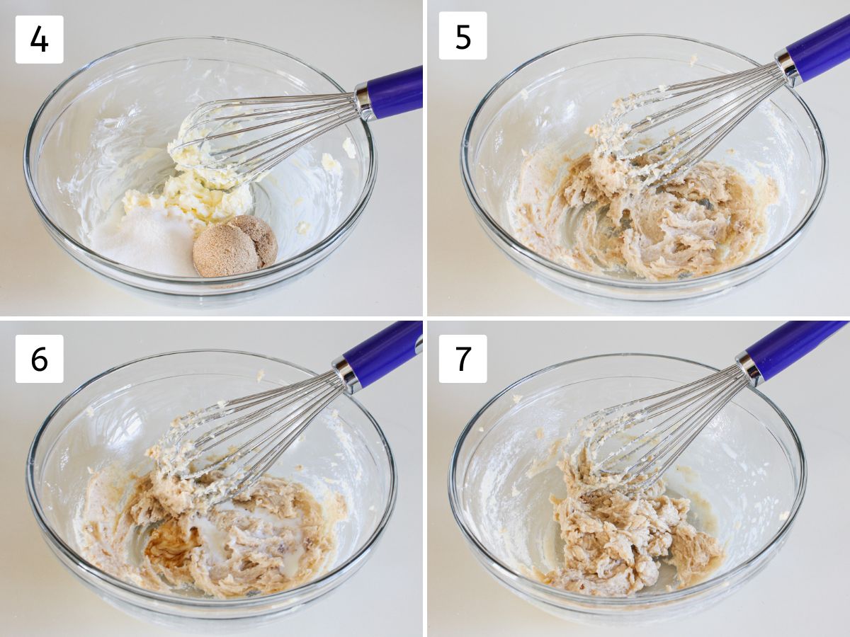 Collage of 4 images showing beating butter and sugar, mixing vanilla and milk.