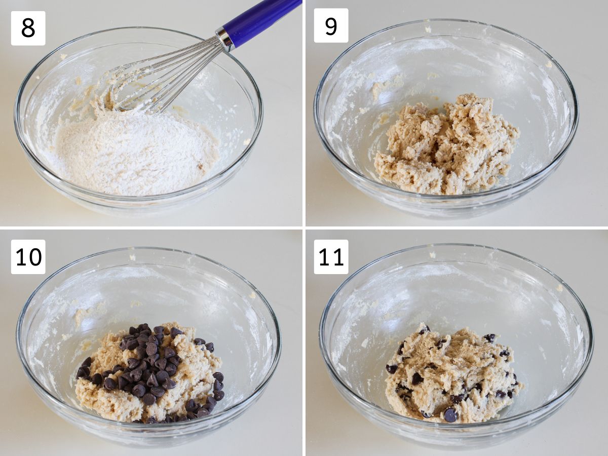 Collage of 4 images showing adding flour, mixing, adding chocolate chips and folding.