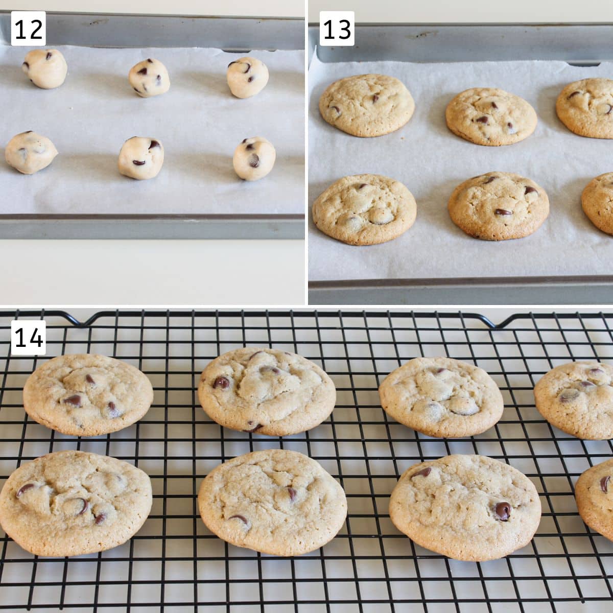 Collage of 3 images showing cookie balls in a tray, baked cookies in a tray and on a cooling rack.