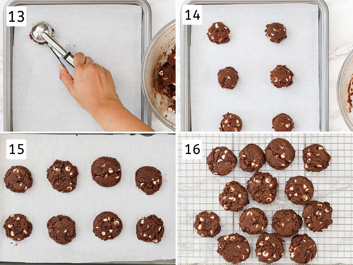 Collage of 4 images showing scooping cookie dough, arranged on the tray and baked cookies on a rack.