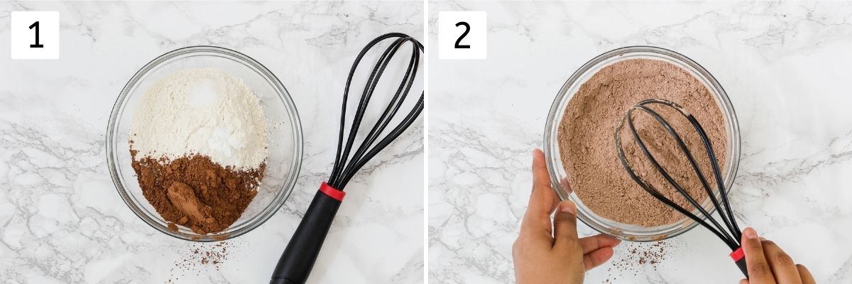 Collage of 2 images showing dry ingredients in a bowl and whisking the mixture.