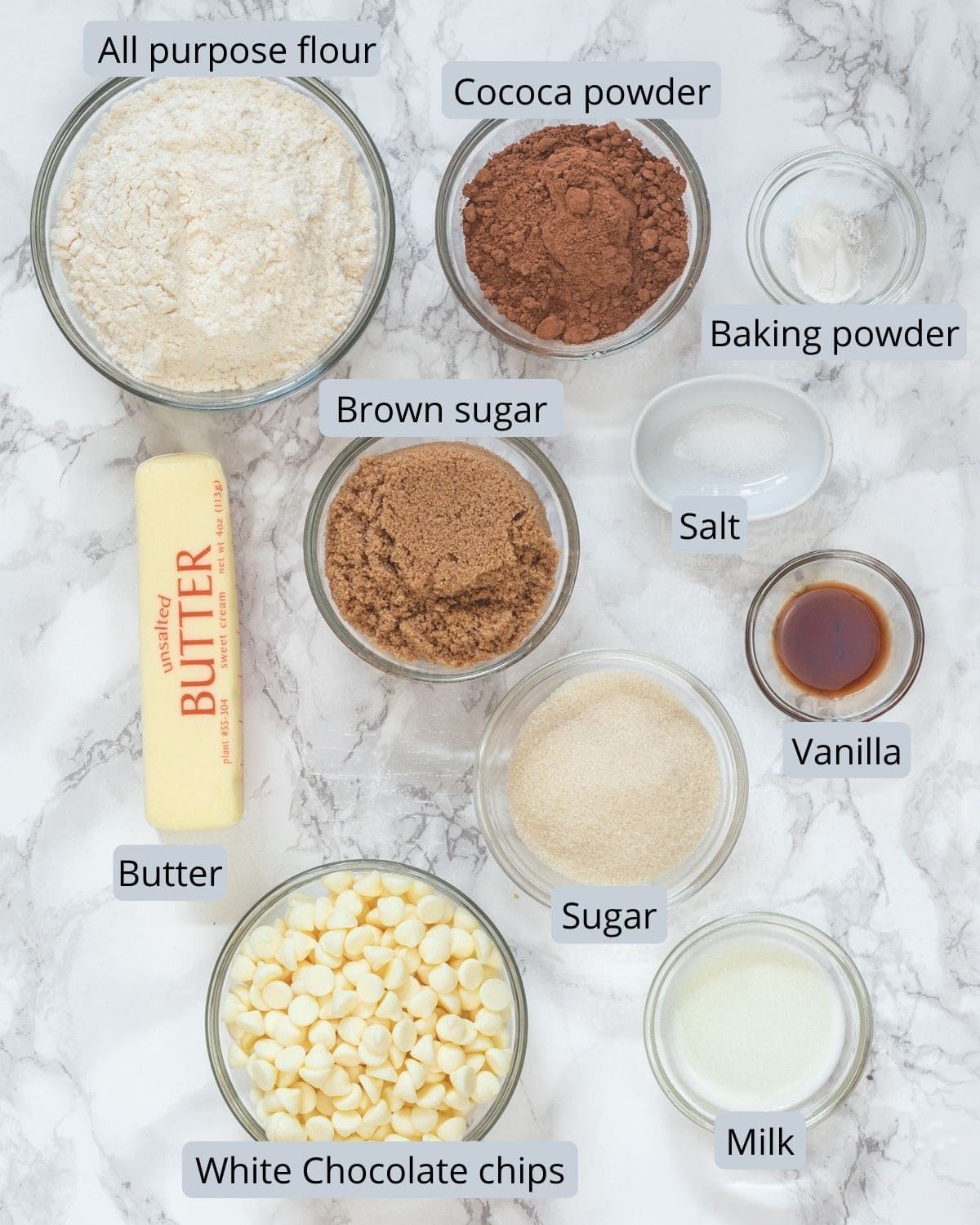 Eggless chocolate cookies ingredients in bowls with labels.