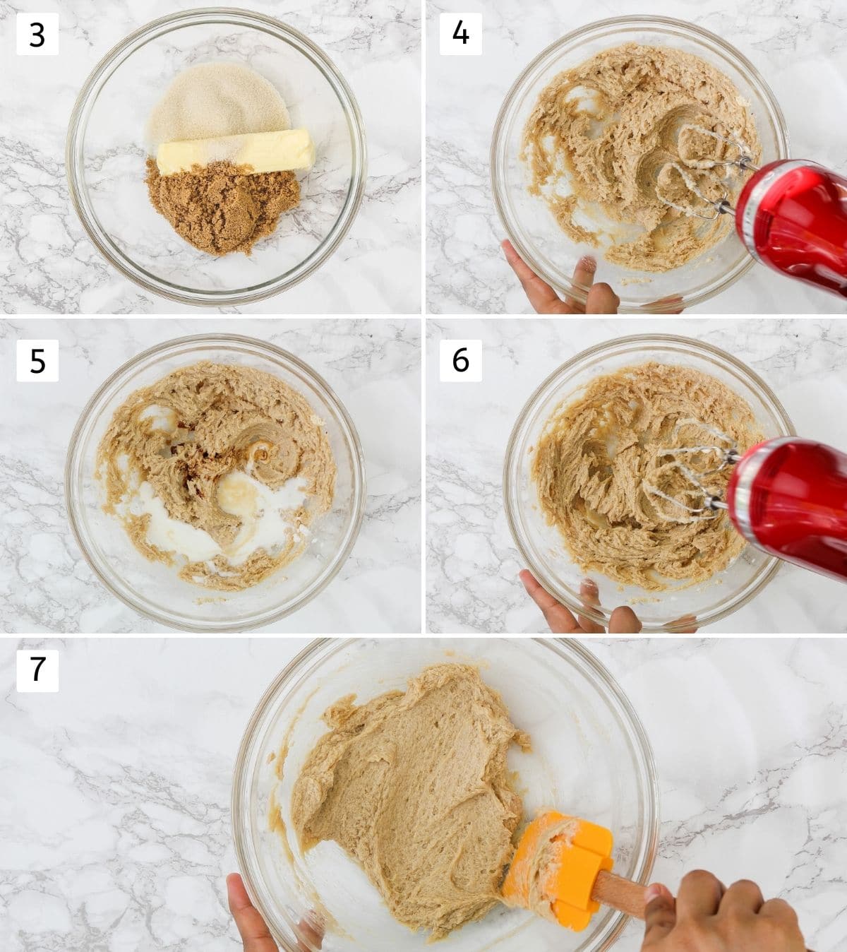 Collage of 5 images showing beating butter, sugar, adding milk, vanilla and mixing.