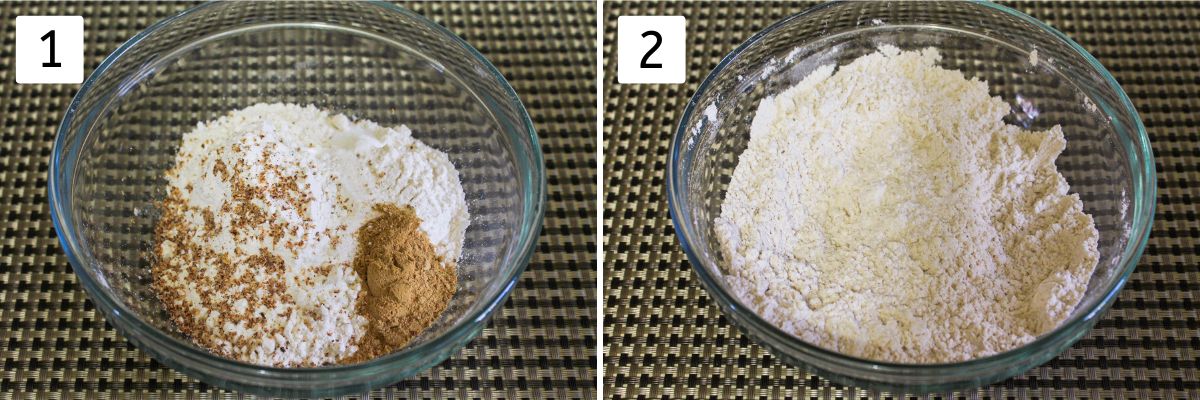 Collage of 2 images showing dry ingredients in a bowl and mixed.