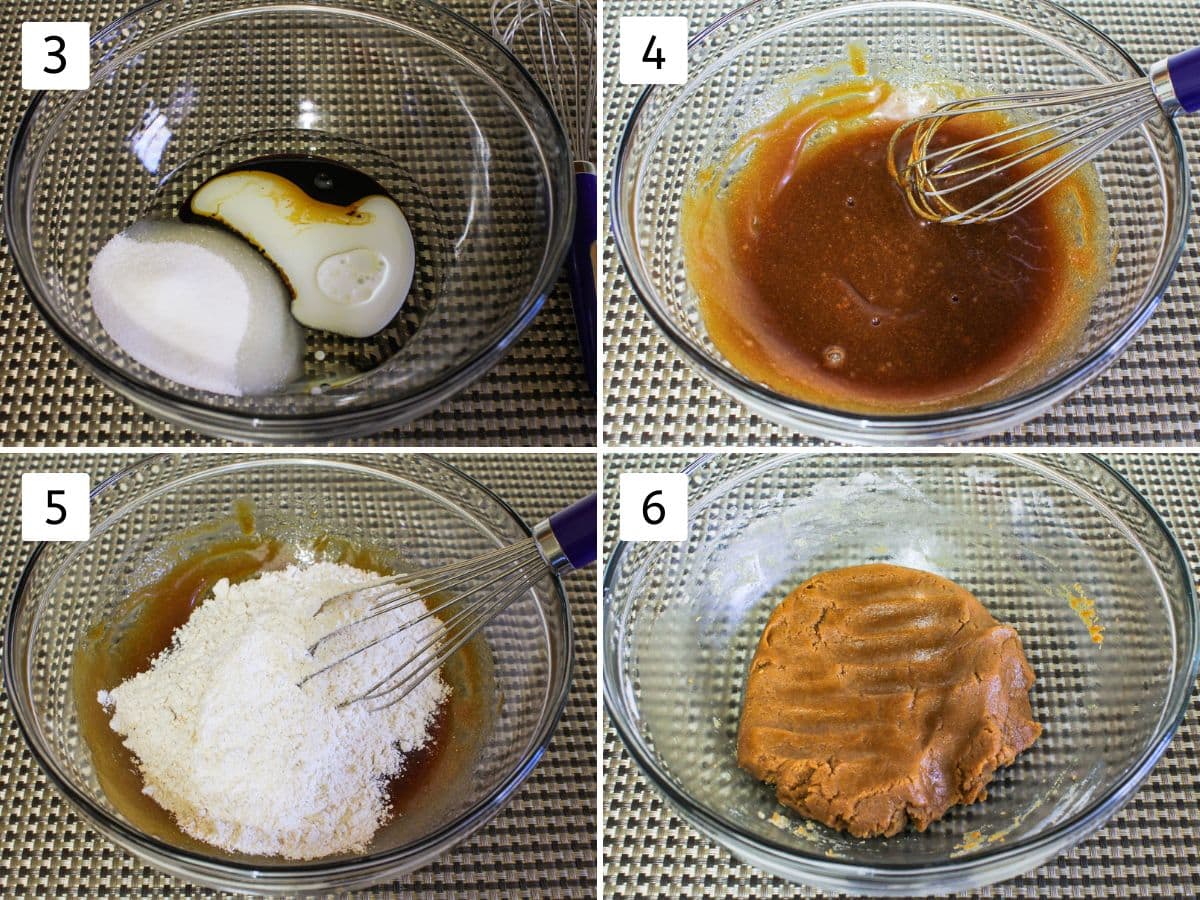 Collage of 4 images showing mixing wet ingredients, adding dry and making a cookie dough.