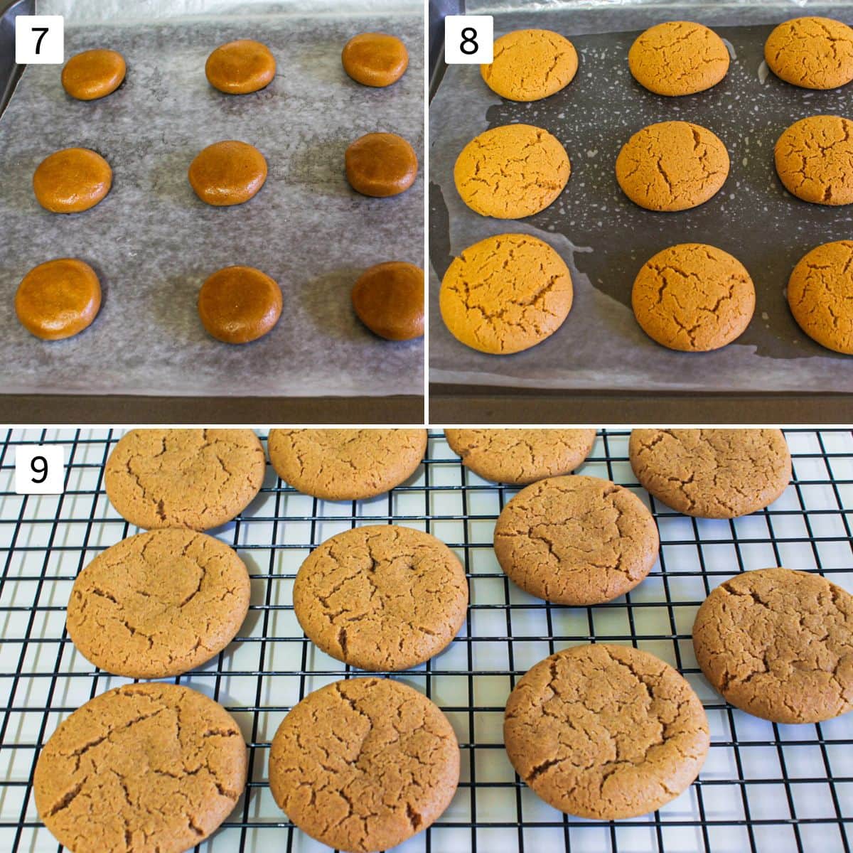 Collage of 3 images showing cookie dough balls on a tray, baked cookies on a tray and rack.