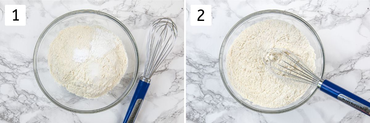 Collage of 2 images showing dry ingredients in a bowl and mixed using a whisk.