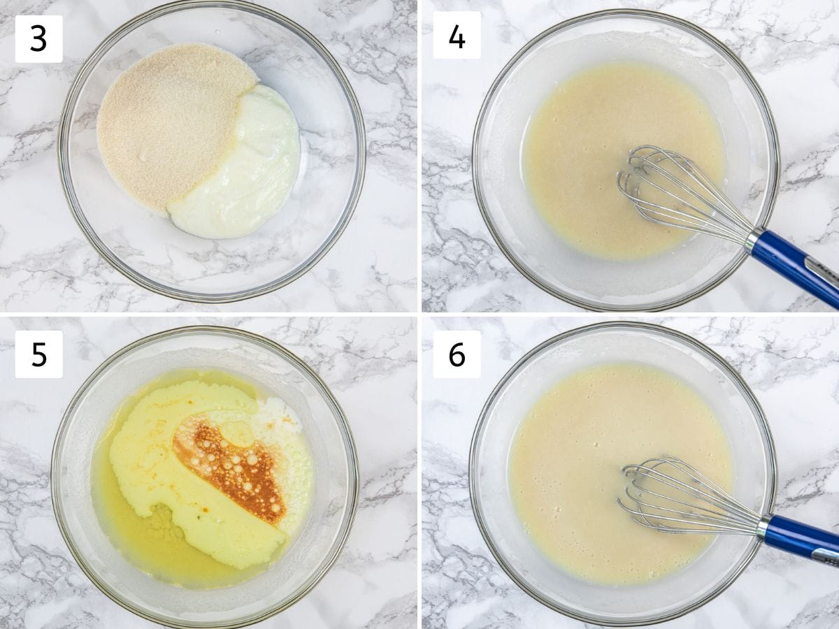 Collage of 4 images showing adding and beating wet ingredients.