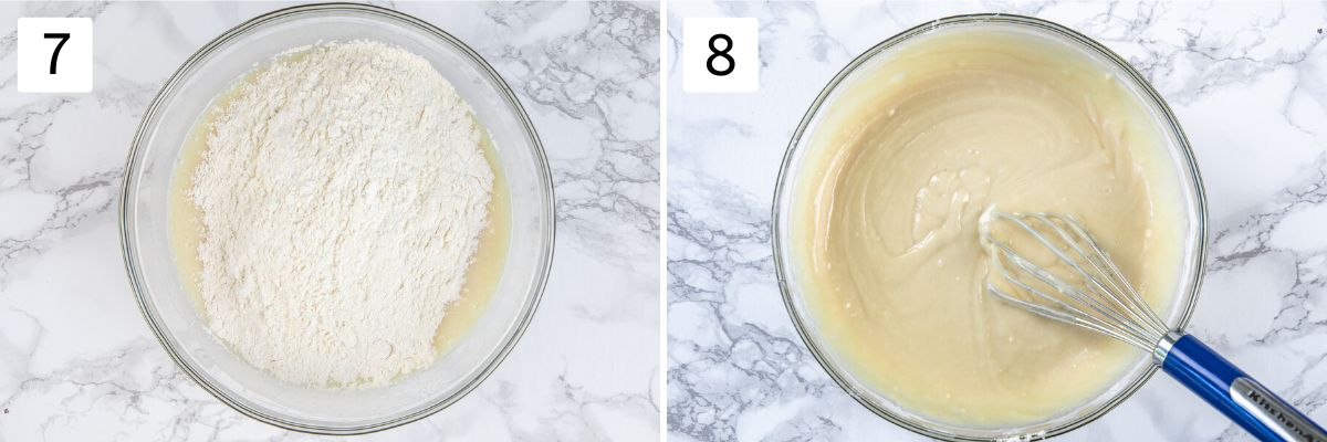 Collage of 2 images showing adding dry to wet bowl and mixed to get a batter.