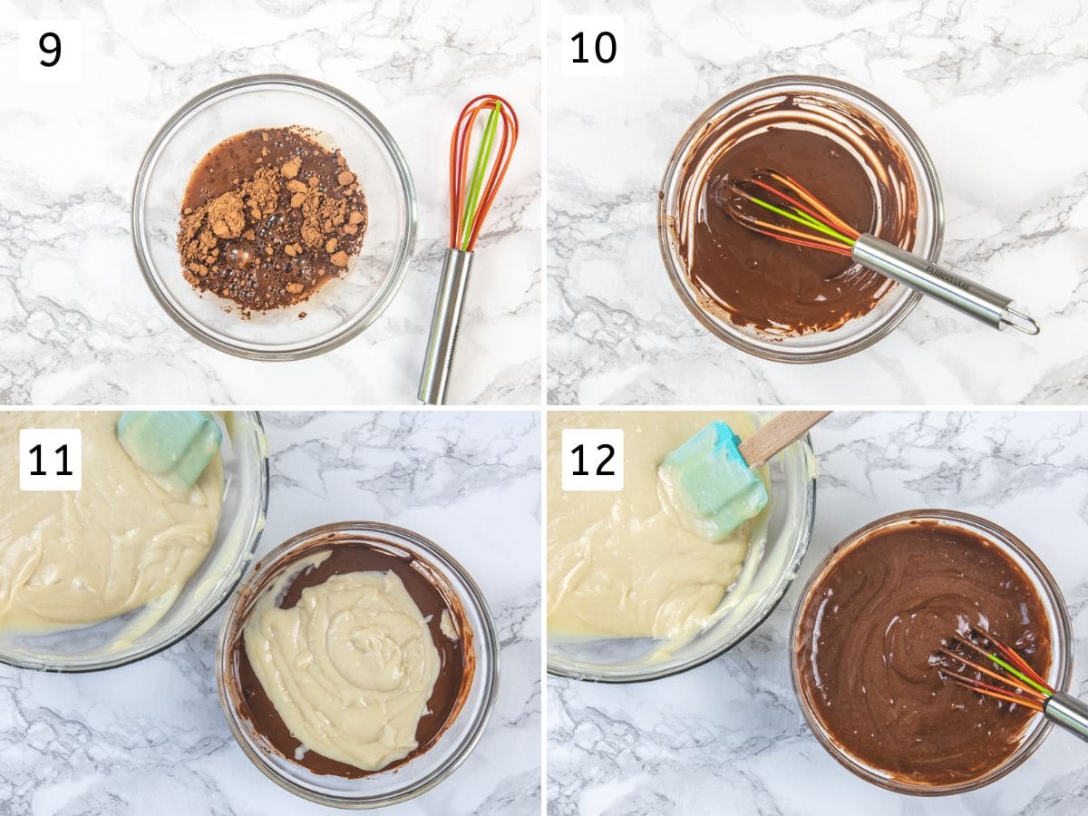 Collage of 4 images showing mixing cocoa powder and water, adding vanilla batter to it and mixing.