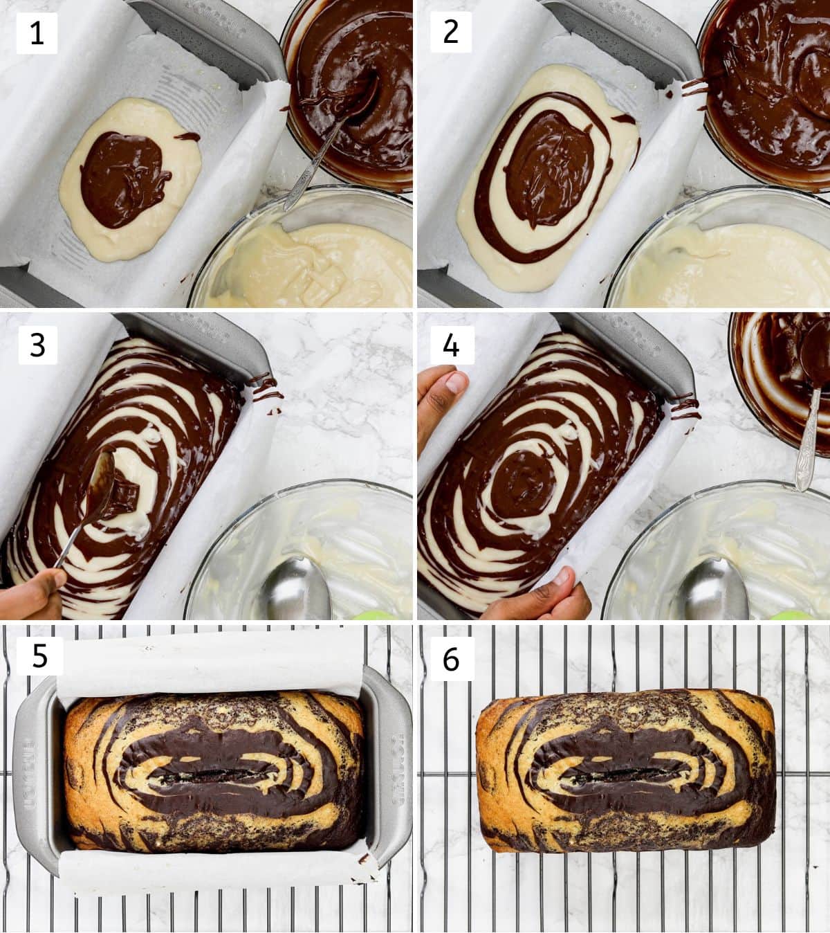 Collage of 6 images showing layering the marble cake in a loaf tin and baked cake.