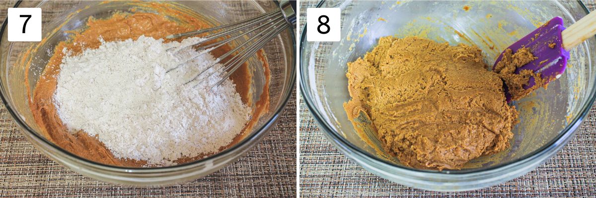 Collage of 2 images showing adding dry ingredients and ready cookie dough.