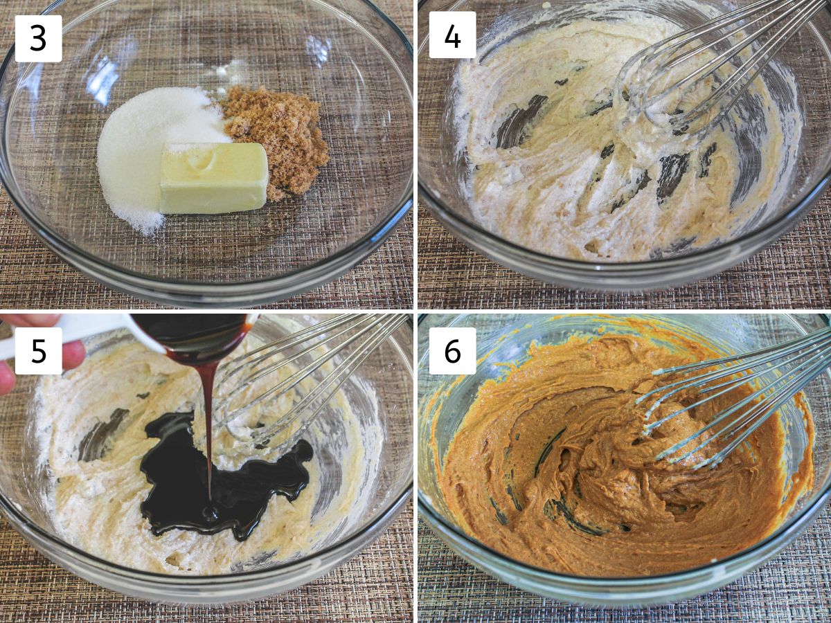 Collage of 4 images showing butter, sugar in a bowl, beating, adding rest ingredients and mixing.