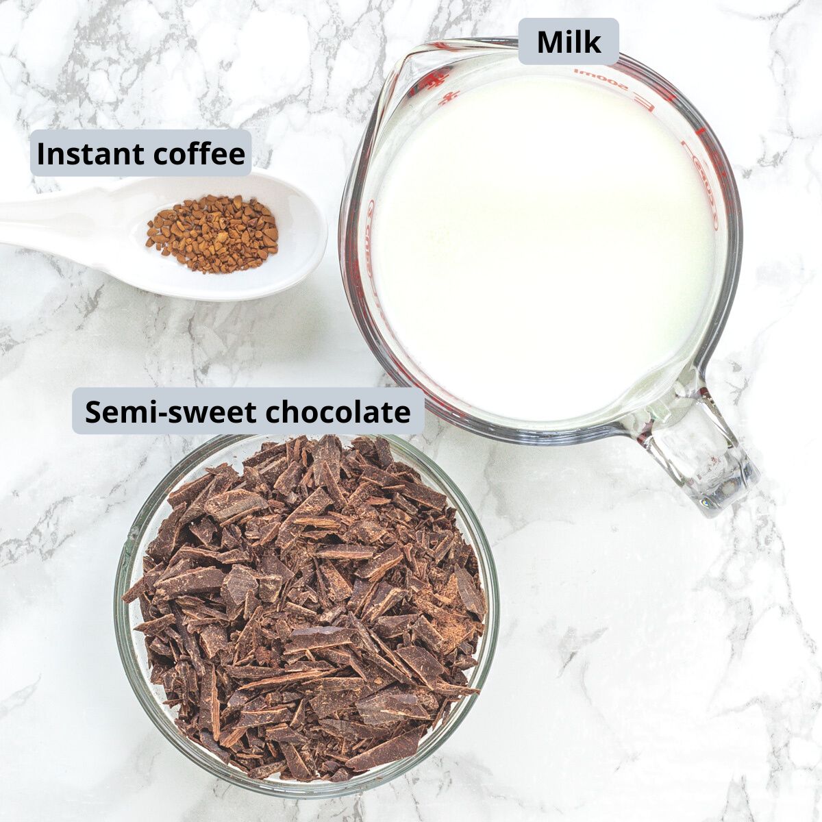 Hot chocolate ingredients with labels.