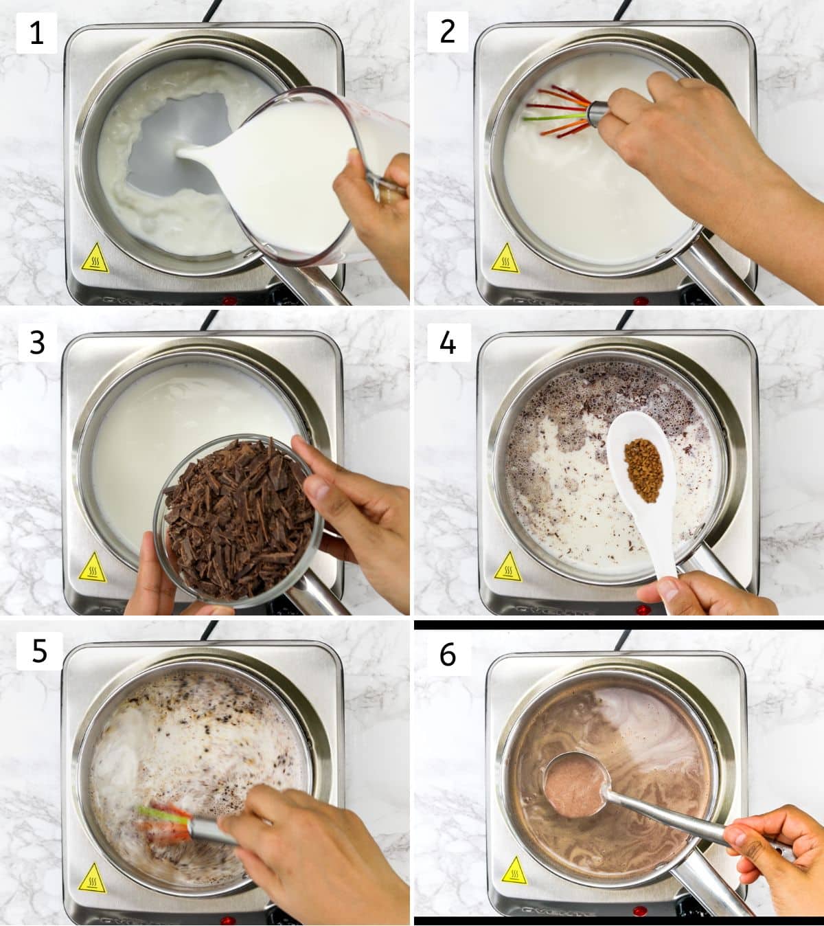 Collage of 6 images showing heatin milk, adding and mixing rest ingredients to make hot chocolate.