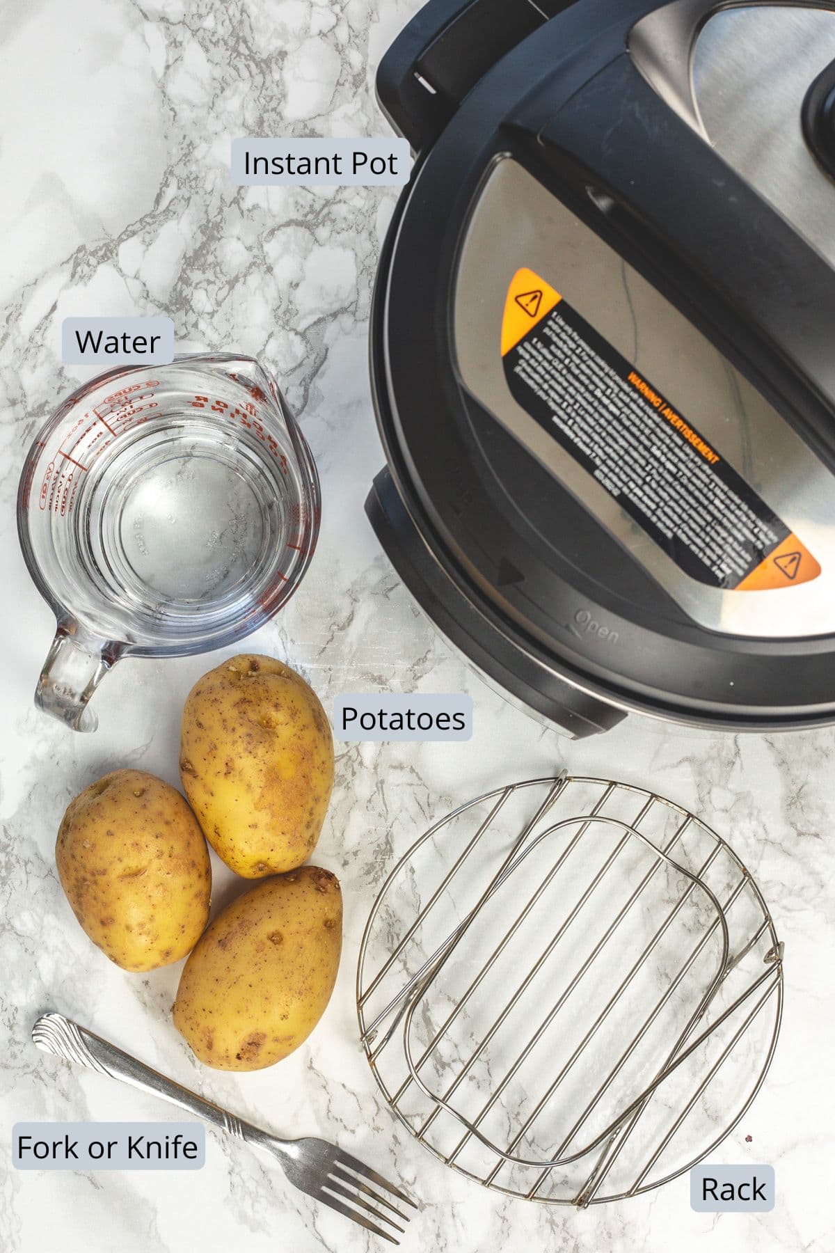 Ingredients and equipments required to boil potatoes in instant pot with labels.