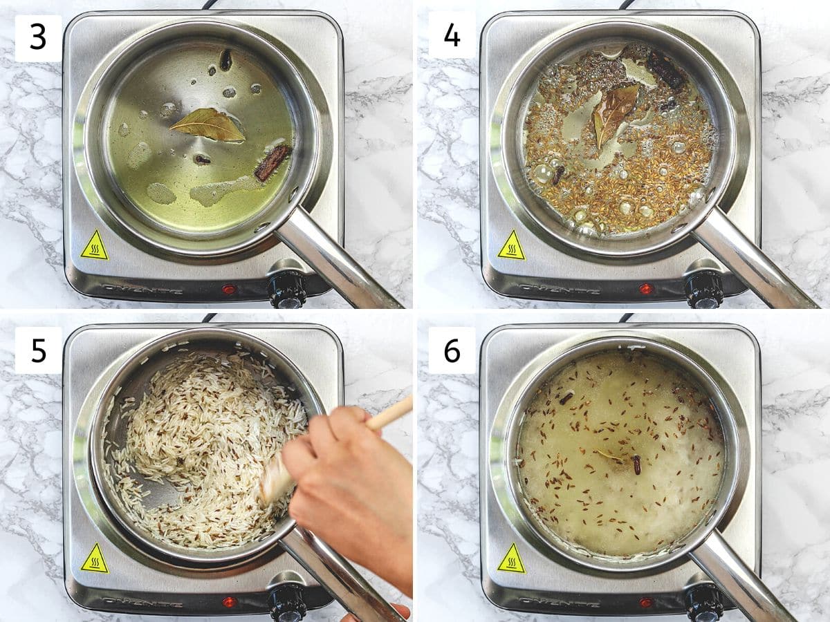 Collage of 4 images showing tempering spices, adding rice and water.