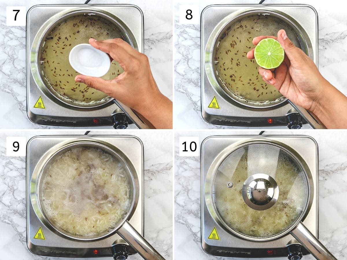 Collage of 4 images showing adding salt, lemon juice, and cooking covered.