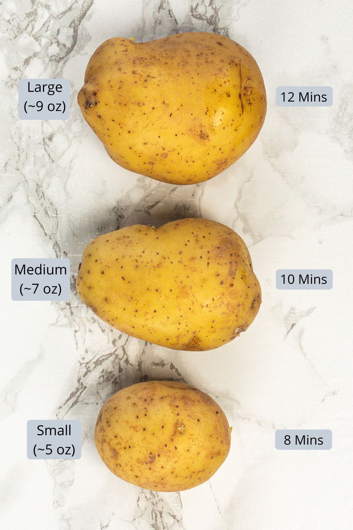 3 differed sized potatoes with lables and cook time.