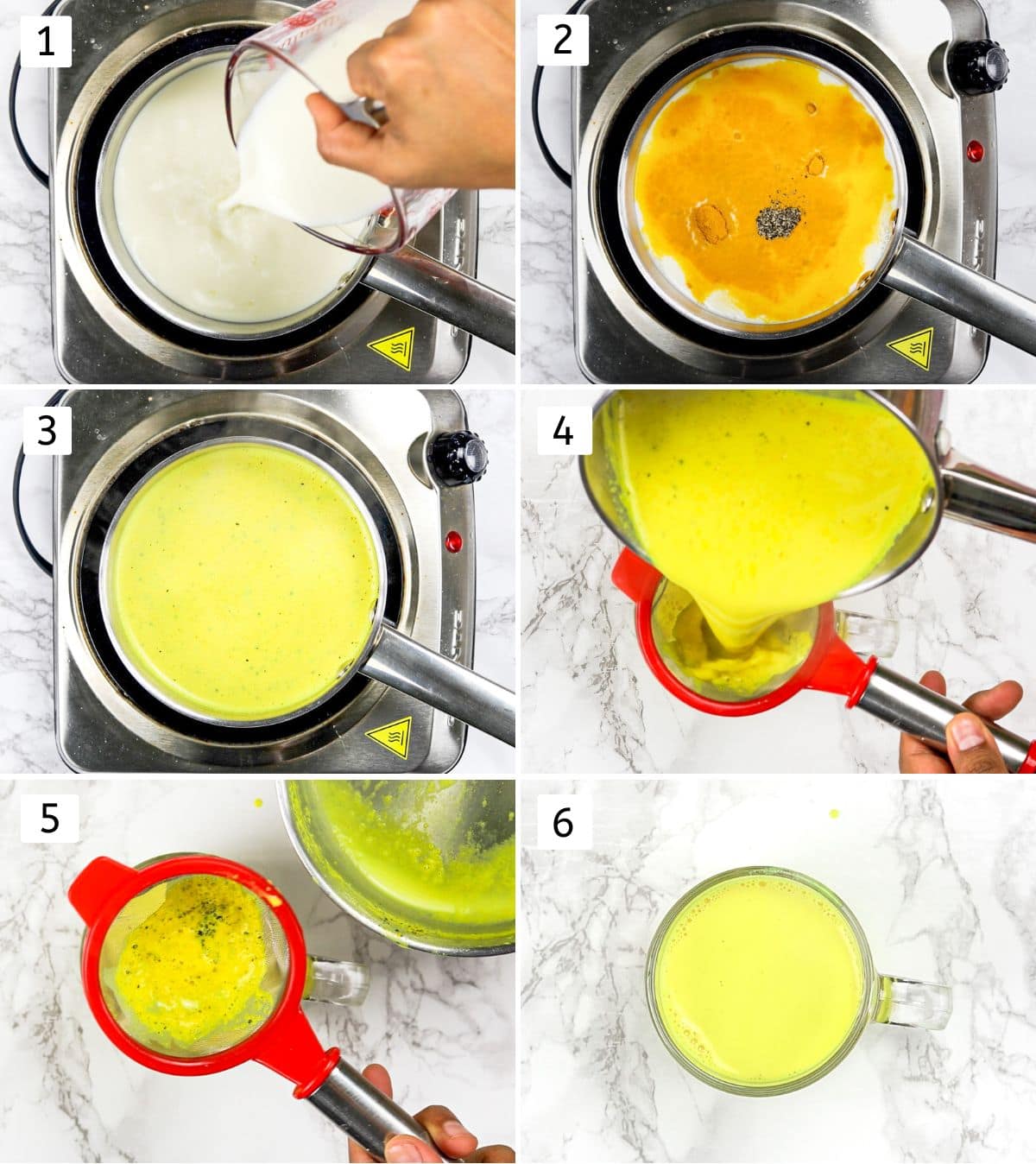 Collage of 6 steps showing adding milk and turmeric, pepper to saucepan, simmering, straining in a cup.