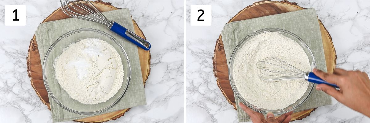 Collage of 2 images showing dry ingredients in a bowl and whisked together.