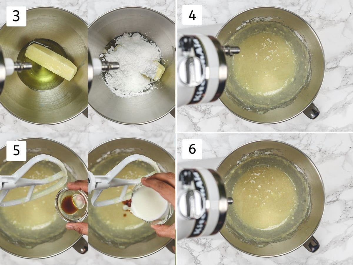 Collage of 4 images showing beating butter, oil and sugar, adding and mixing milk and vanilla.