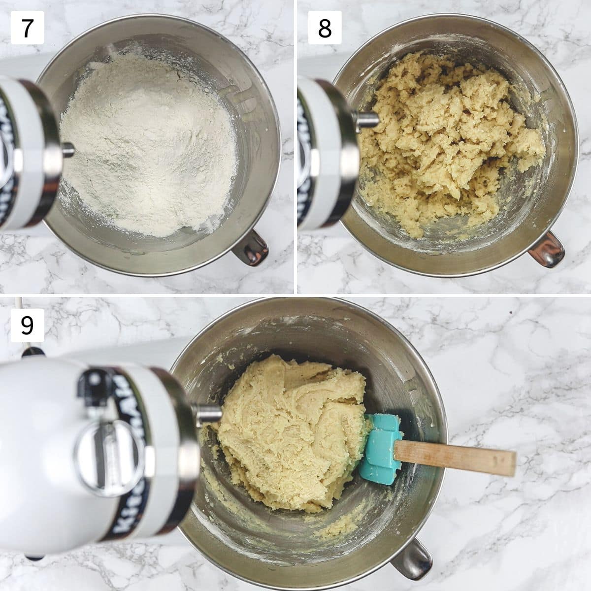 Collage of 3 images showing adding flour and mixing to get a cookie dough.