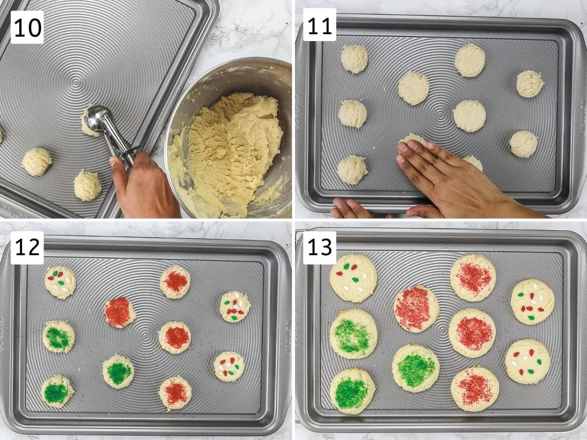 Collage of 4 images showing scooping cookie balls, flattening, decorating and baked cookies.