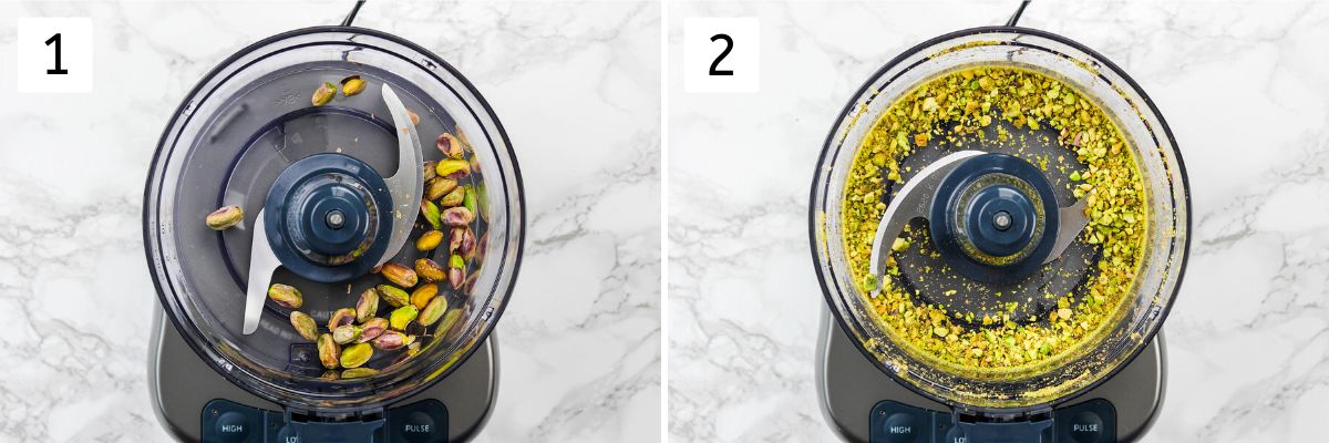 Collage of 2 images showing crushing pistachio in food processor.