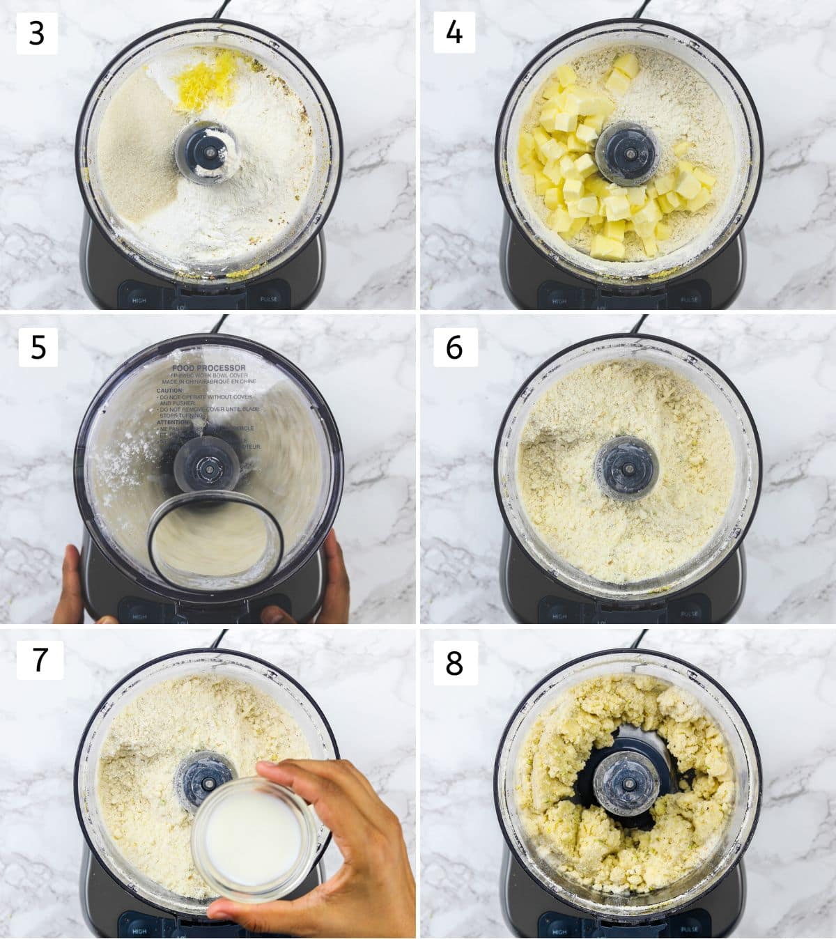 Collage of 6 images showing adding ingredients in a food processor and making a dough.