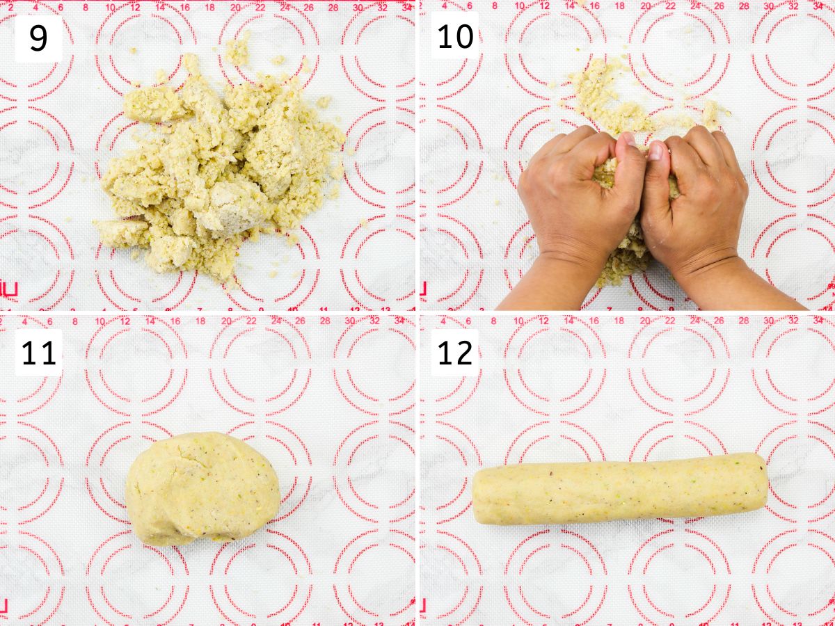 Collage of 4 images showing gathering cookie dough and shaping into a log.