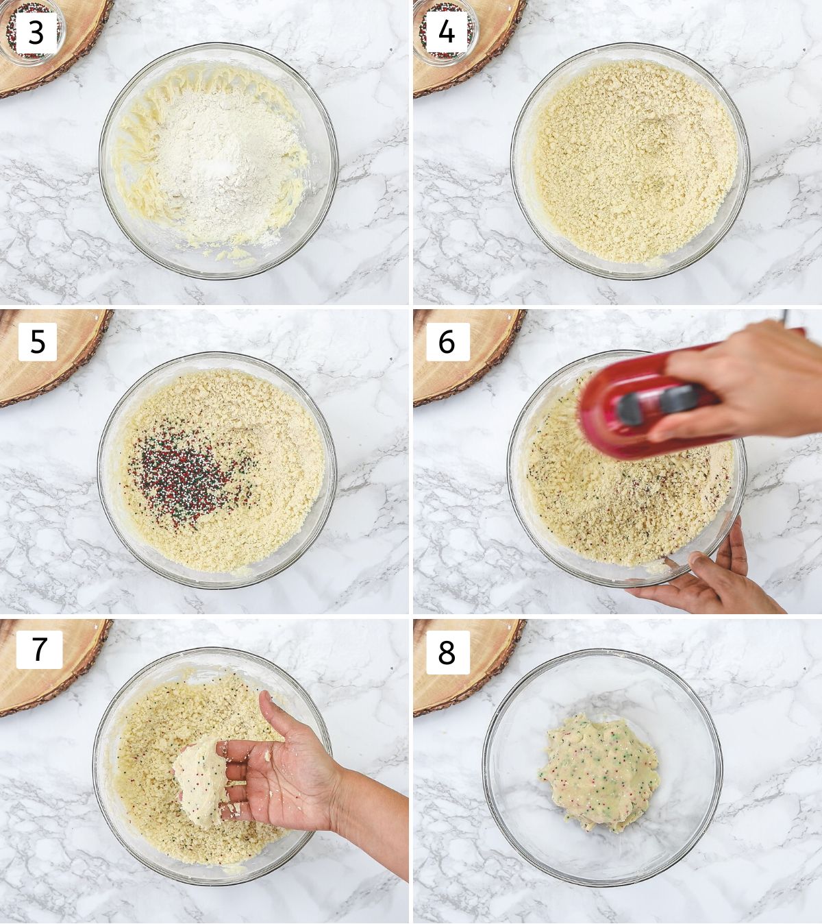 Collage of 6 images showing adding flour, salt and sprinkles to make a cookie dough.