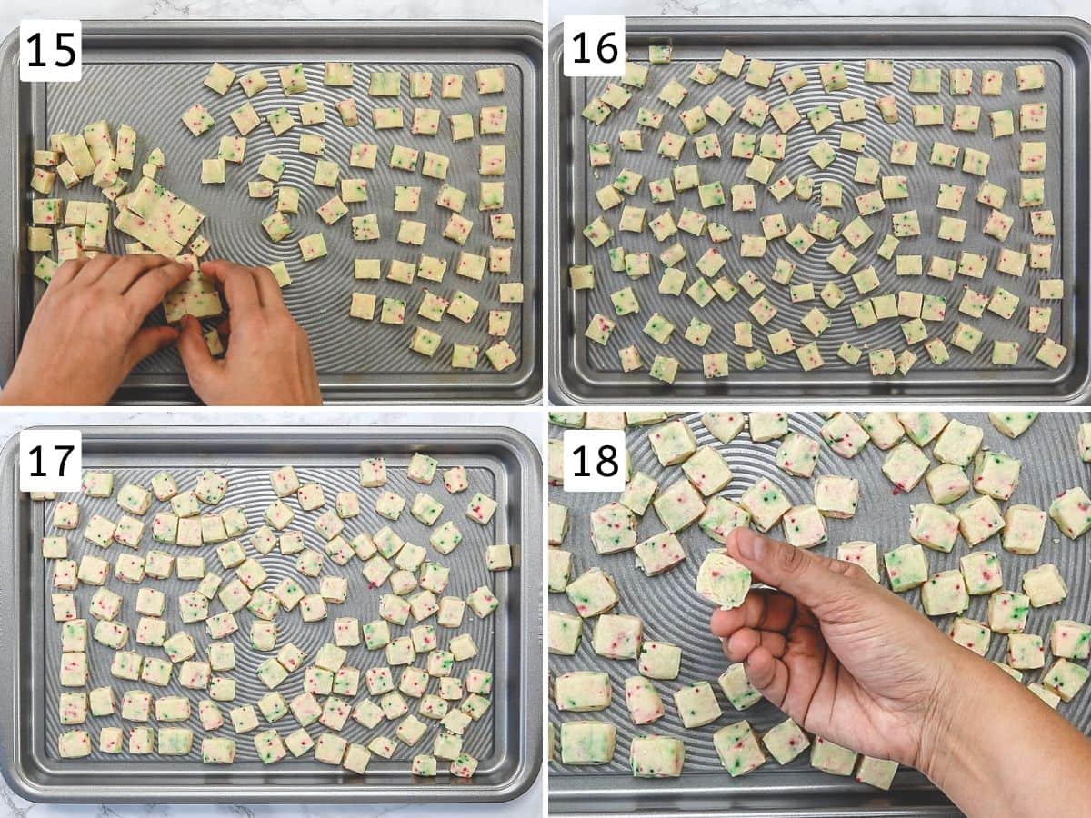 Collage of 4 images showing spreading shortbread cookie bites on a tray and baked bites.