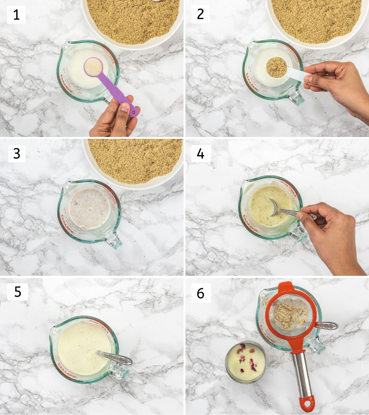 Collage of 6 images showing making thadai drink from thandai powder.