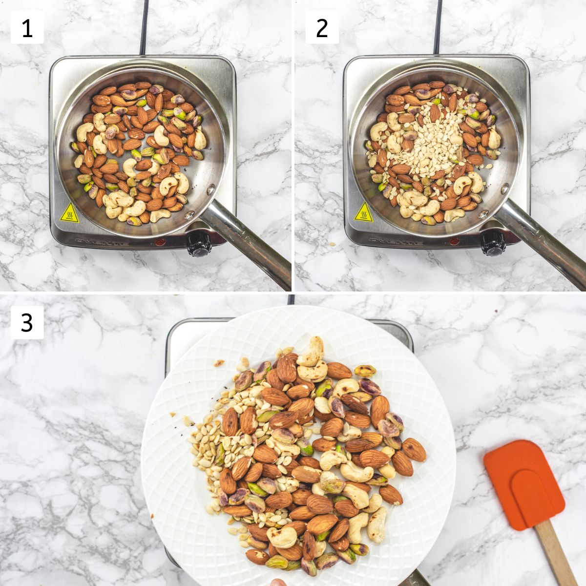 Collage of 3 images showing dry roasting nuts and melon seeds and removed to a plate.