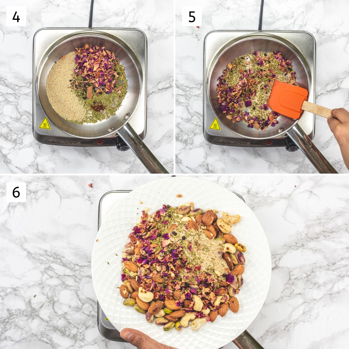 Collage of 3 images showing dry roasting seeds, spices, rose petals and removed to a plate.