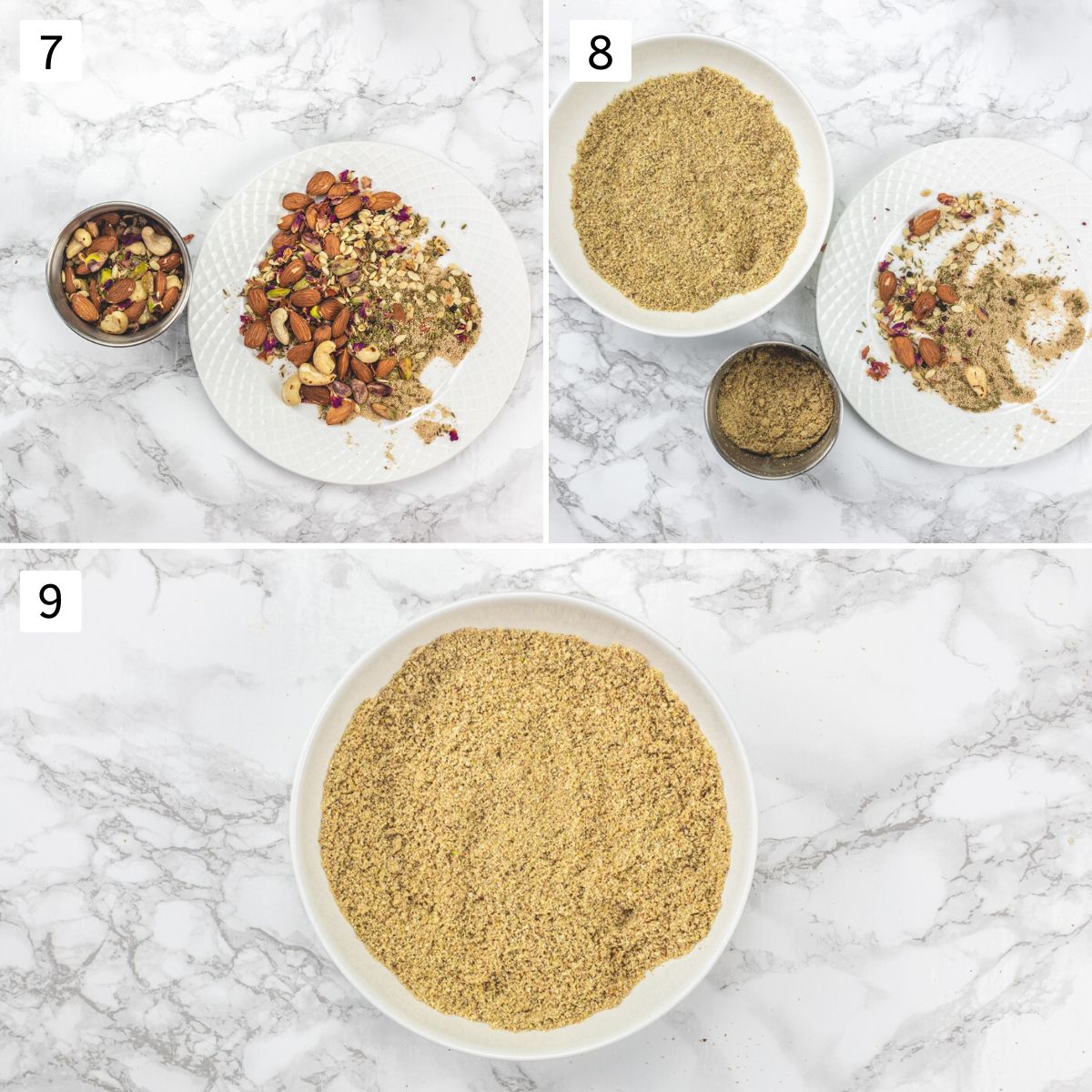 Collage of 3 images showing grinding nuts, spices mixture into powder in batches.