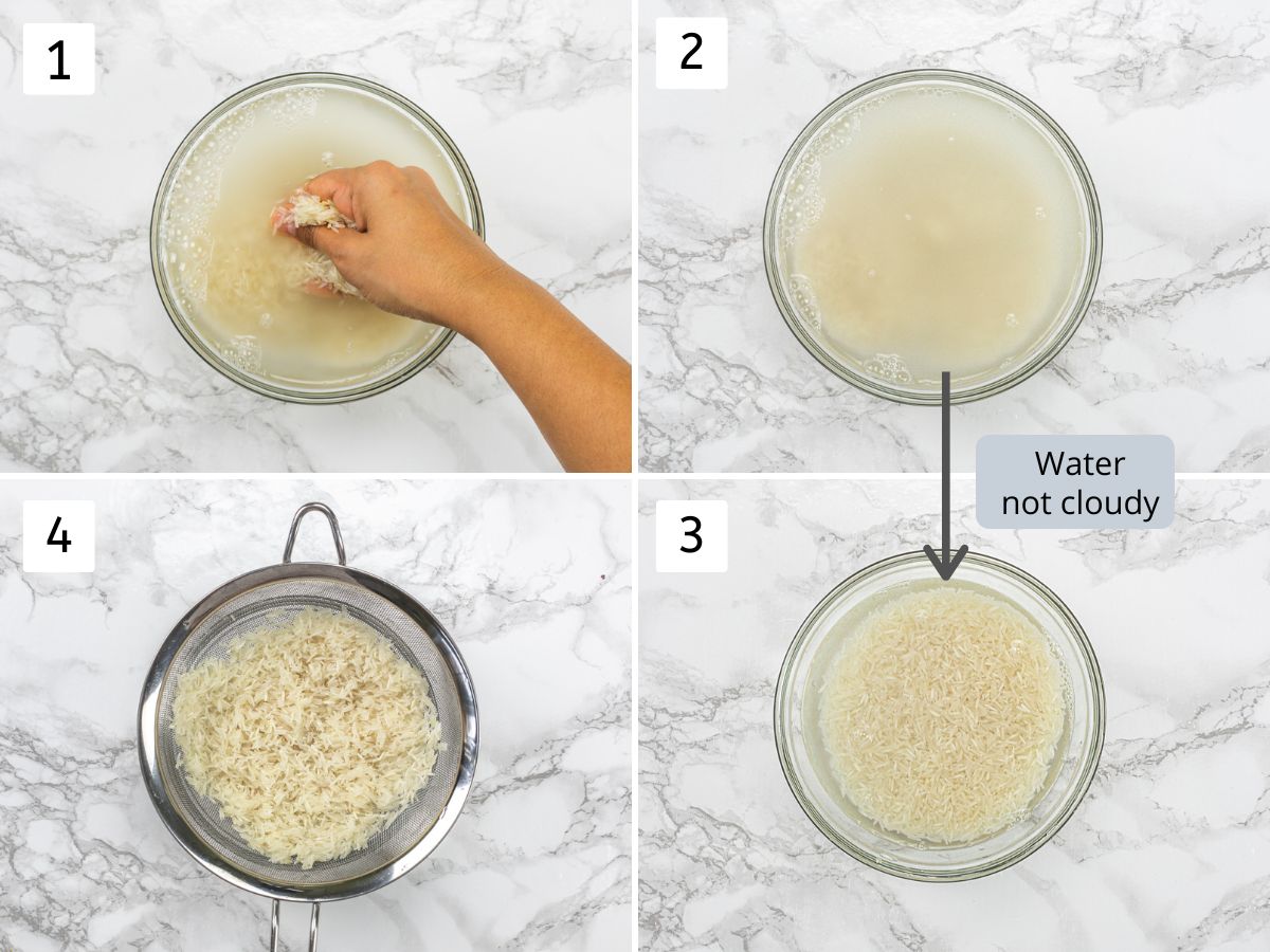 Collage of 4 images showing massaging, rinsing basmati rice.