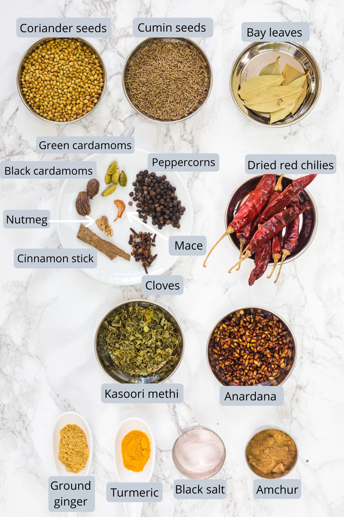 Chana masala powder recipe ingredients in bowls and spoons with labels.