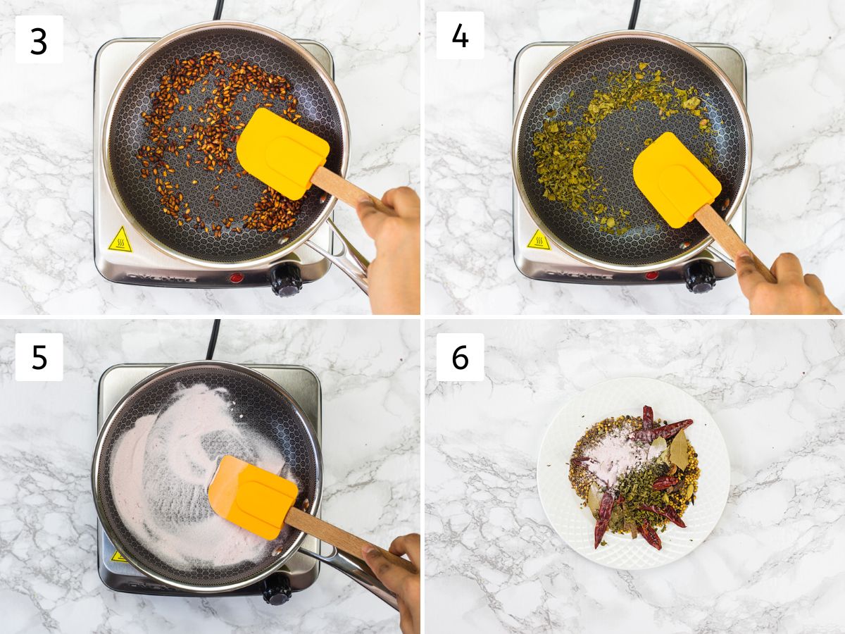 Collage of 4 images showing dry roasting kasoori methi, anardana and black salt, removed to a plate.