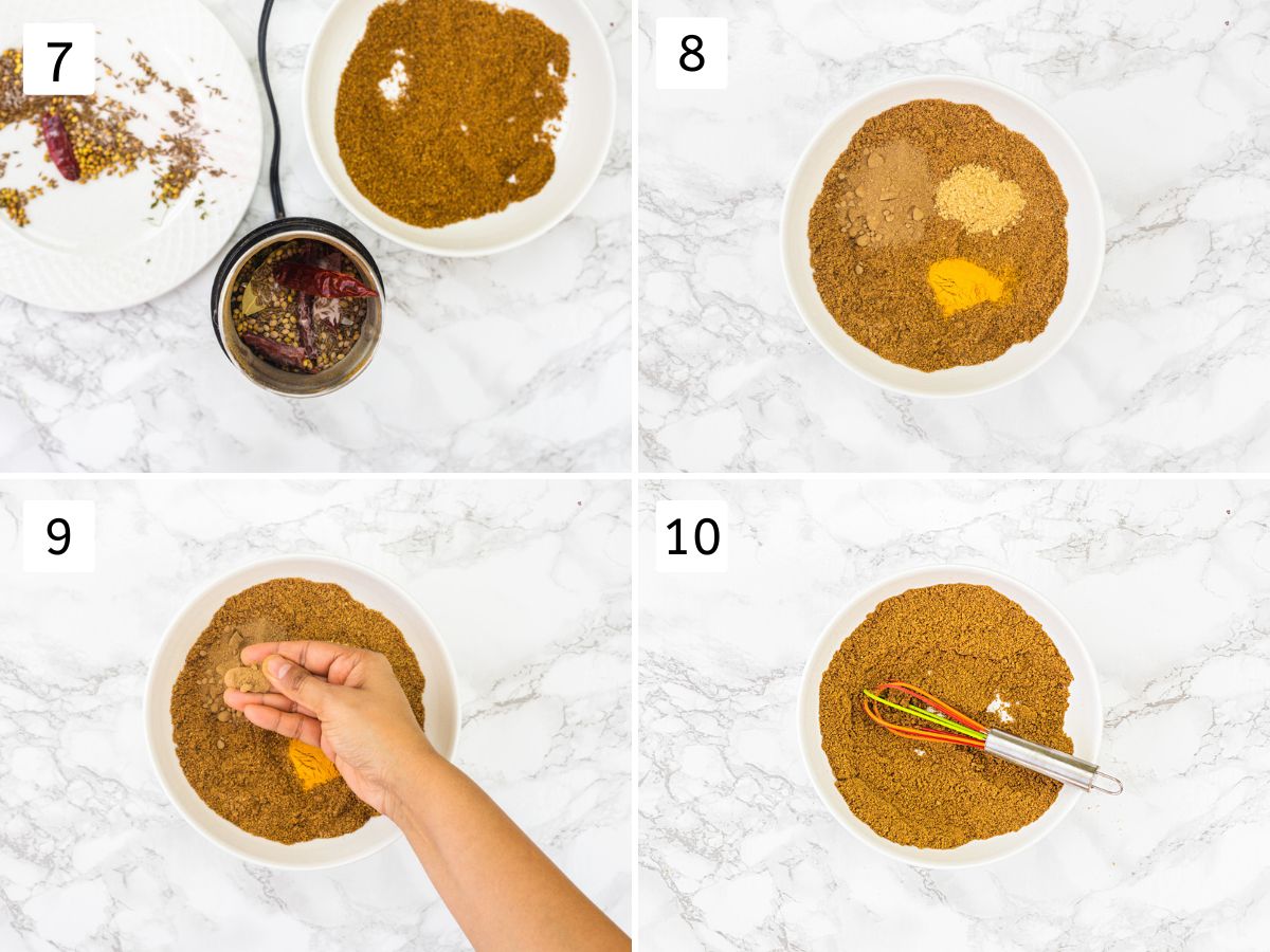 Collage of 4 images showing grinding into powder and mixing rest spice powders.