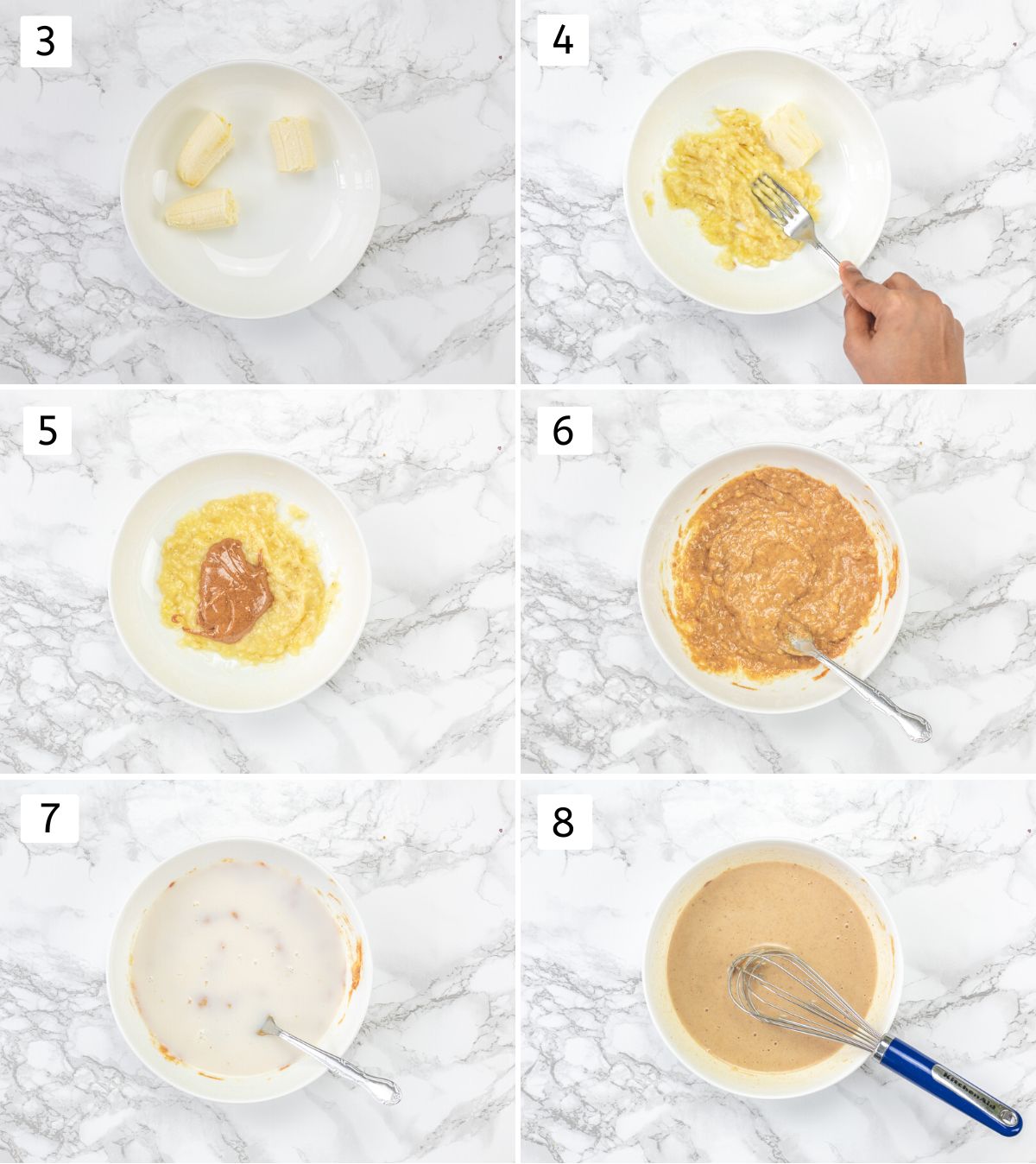 Collage of 6 images showing mashing banana, adding and mixing almond butter and almond milk.