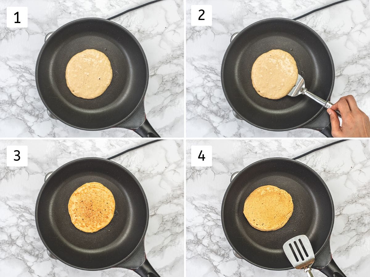 Collage of 4 images showing cooking eggless banana pancake in a pan.